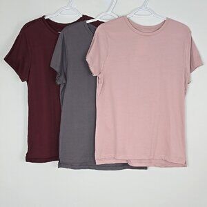 Bench Women's 3 New Crew Neck Short Sleeves Cotton Tees Pink Burgundy Grey Sz M